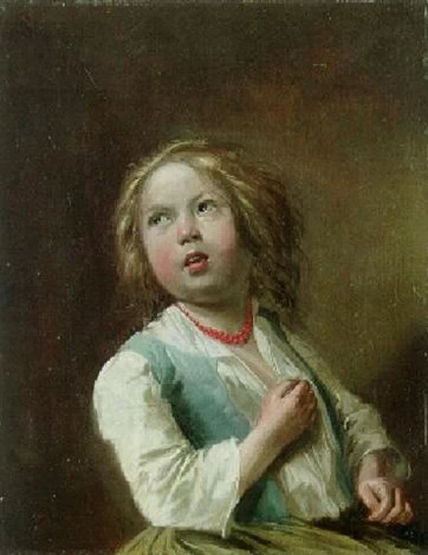 Ritratto di fanciulla con collana di corallo seduta in gonna verde con panciotto azzurro e camicia bianca
